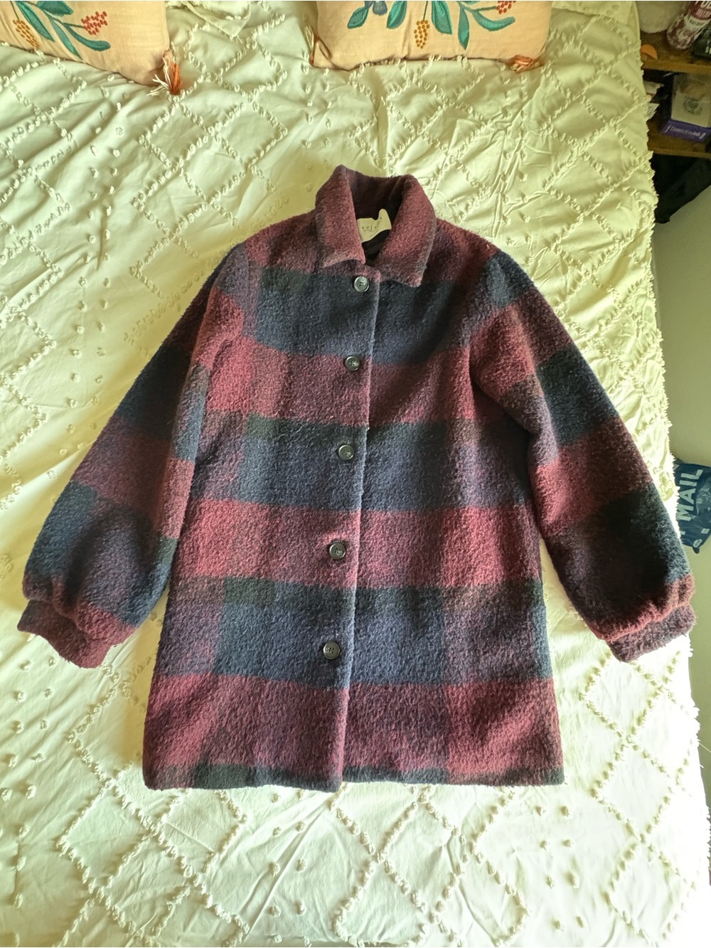 Velvet by Graham & Spencer Plaid Wool Blend Coat Burgundy Navy Medium